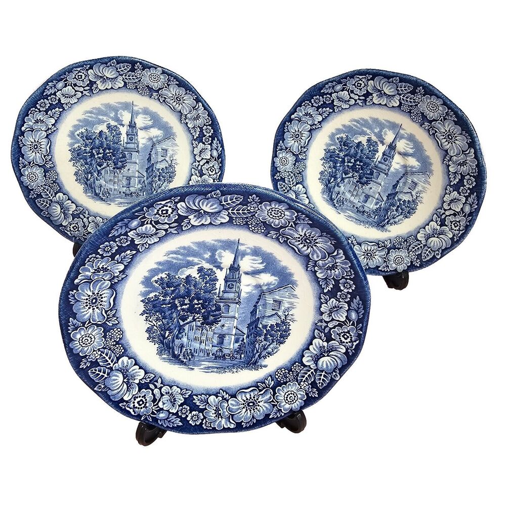 Vintage (3) Liberty Blue Saucer Old North Church Historic Colonial Scenes Plates